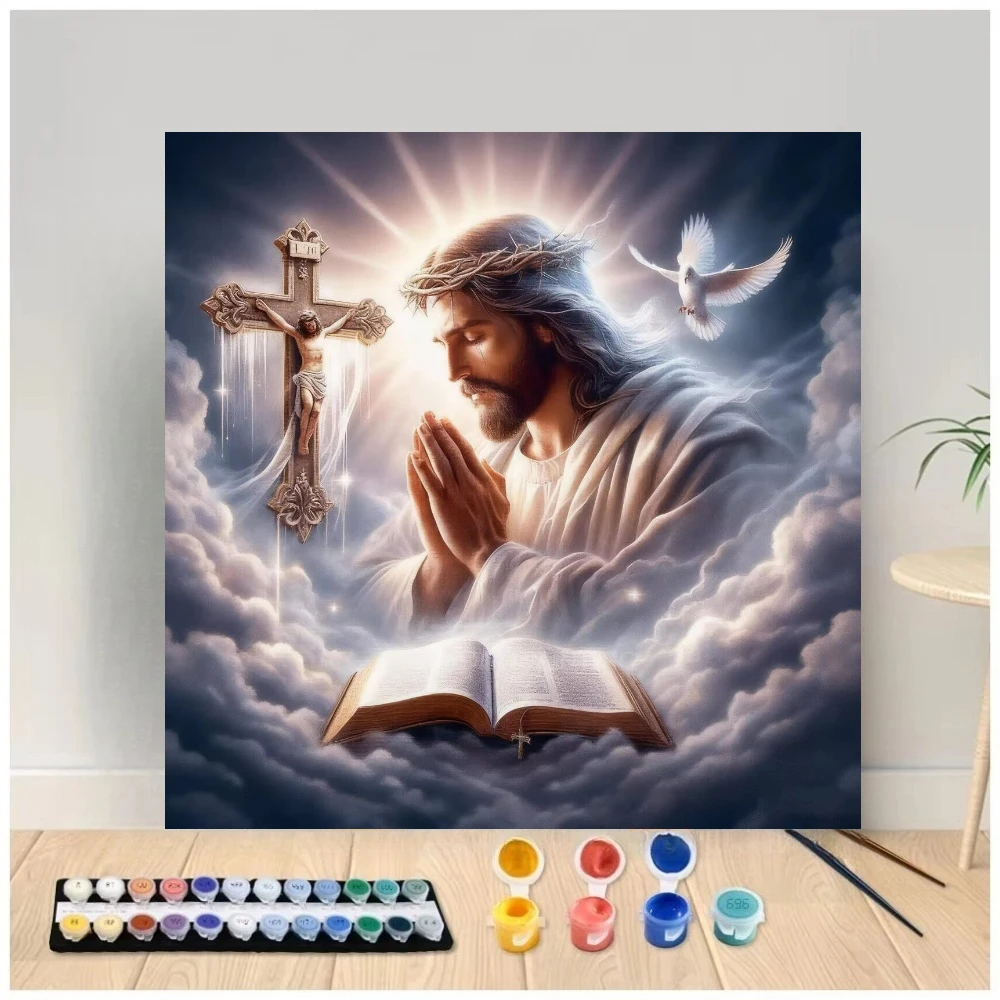 Praying Jesus With Cross Bible And Dove Oil Painting By Numbers Home Decor Canvas Art Wall Decor for Living Room Gift Unframed