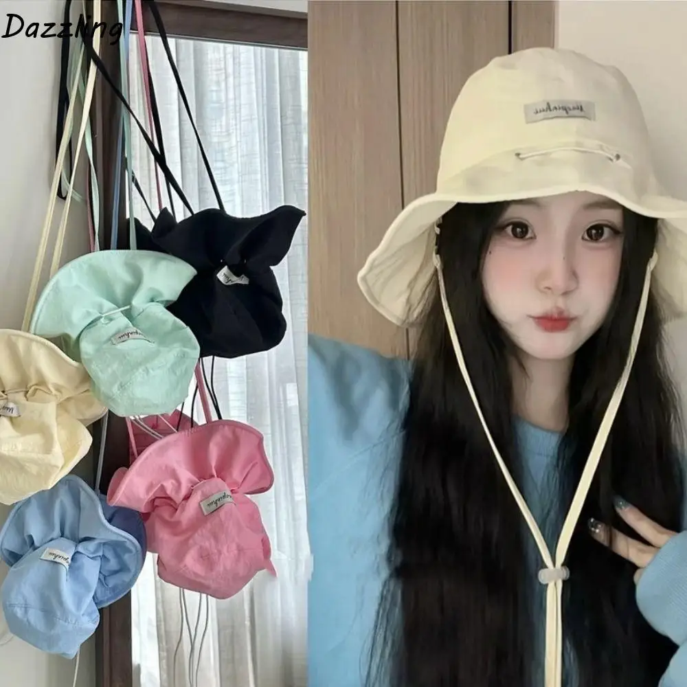 

Drawstring Bag Candy Color Fisherman Hat Korean Style Wide Brim Cover Sun Bucket Hat Foldable Multi-functional