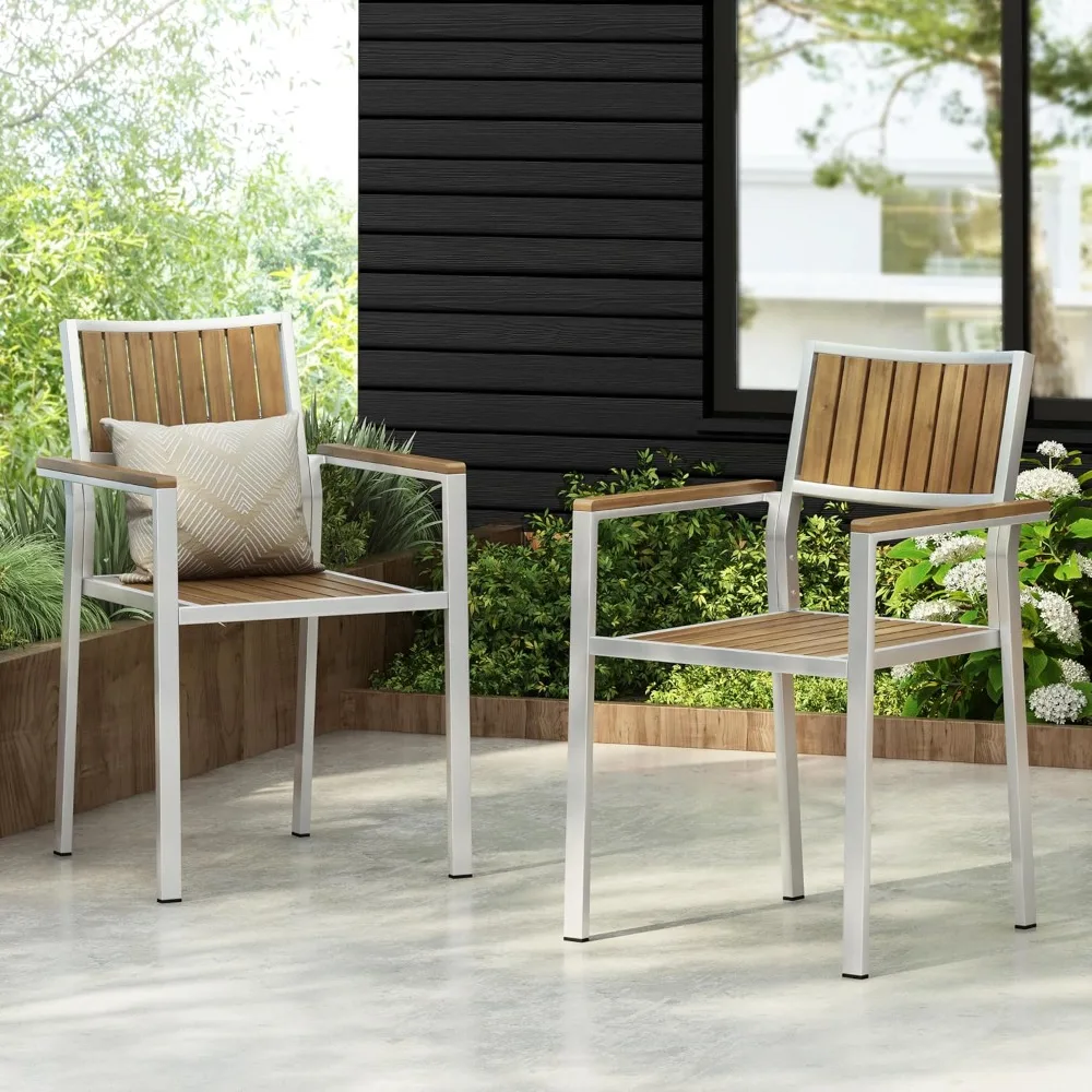 

patio aluminum frame and faux wood backrest, armrest, seating dining chairs, outdoor armchairs for bbq, garden, porch,