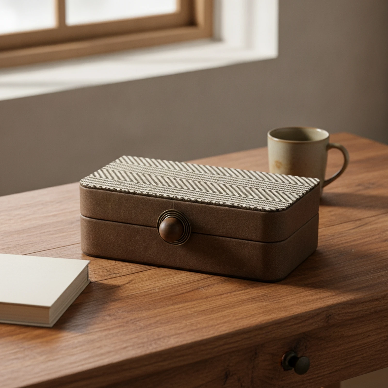 Tissue Box with Wooden Knob Striped Desktop Storage Box Desk Organizer Modern Retro-Style for Vanity, Bedside Table
