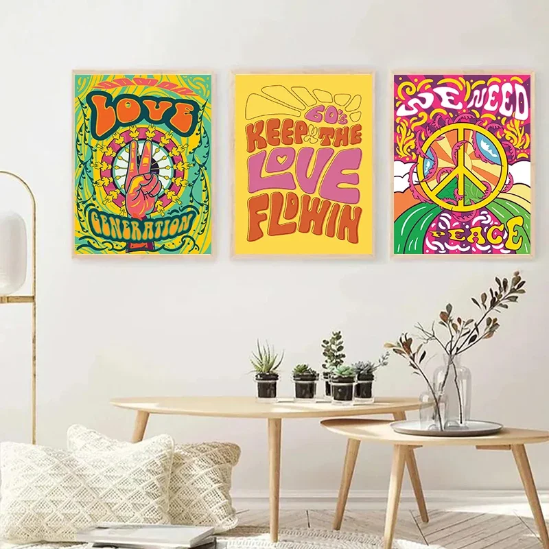 70s Vintage Love Flower Power Peace Hippie Wall Art Canvas Painting Nordic Boho Poster And Prints Wall Picture Living Room Decor