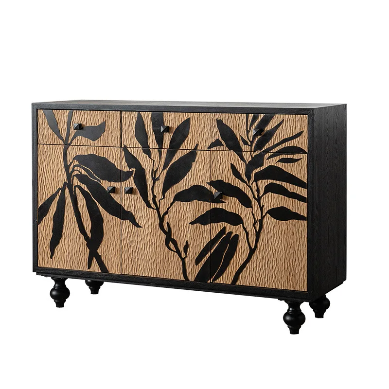 Wabi Sand Wind Home Combination Entrance Cabinet, Solid Wood Carving Pattern Dining Side Cabinet
