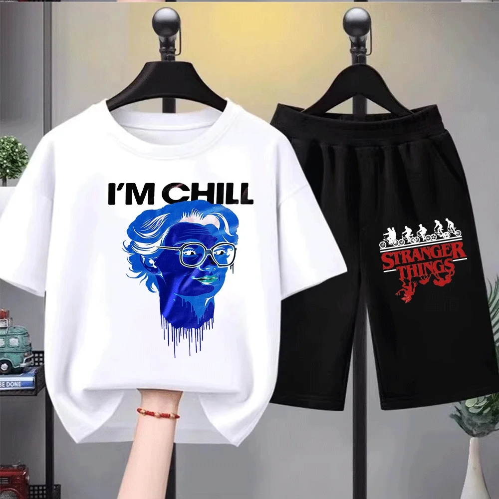 

Детский комплект футболок с графическим принтом "I'm Chill", стильный синий дизайн, удобный хлопок для мальчиков/девочек