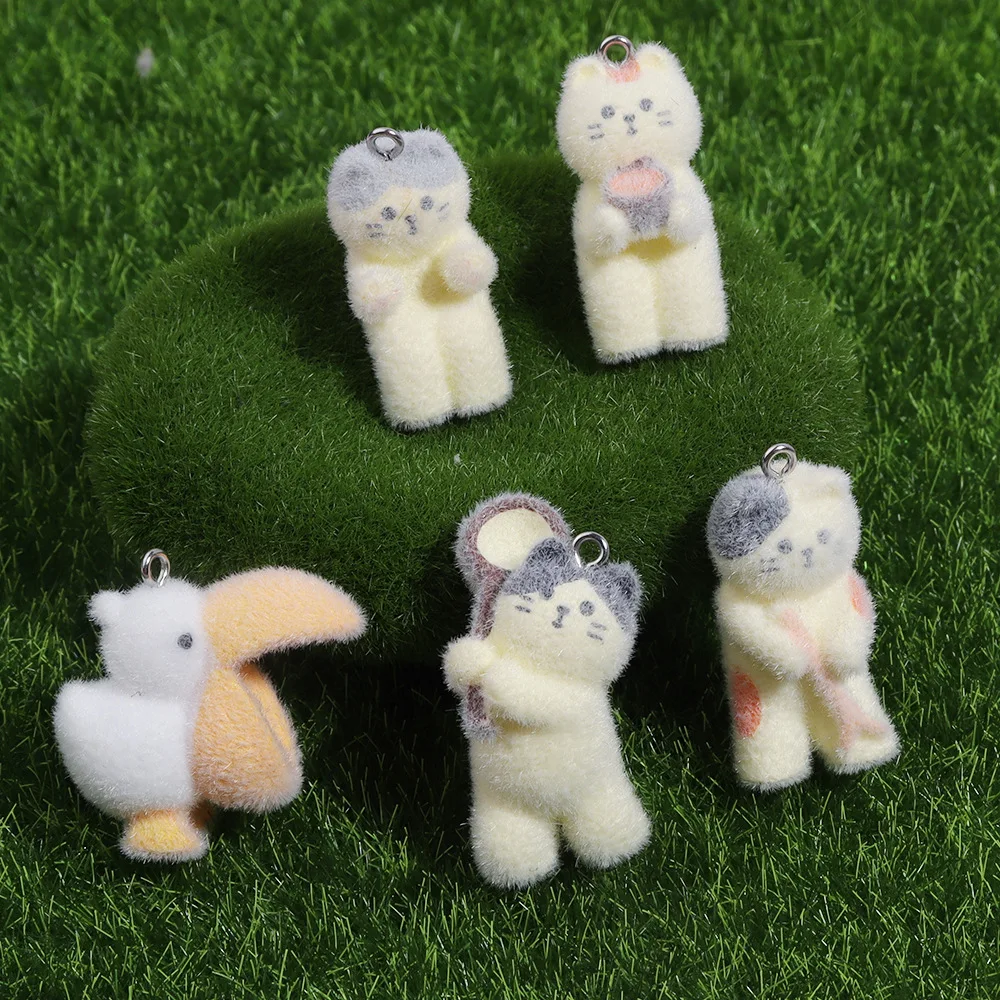 

20Pcs 3D Kawaii Cartoon Flocking Cat Resin Charms Cute Plush Mini Animal Pendant For Keychains Earrings DIY Crafts Jewelry Make