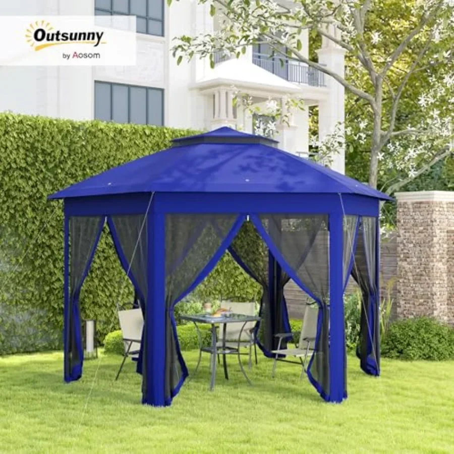 13' x 13' Hexagonal Pop Up Gazebo with k Blue and Black Mesh Netting Steel Fe  Shelter for Patio Backyard Garden Wedding Party