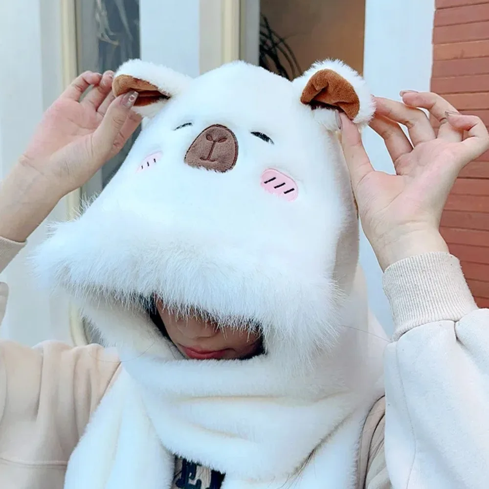 Faux Rabbit Hair Capybara Hat Scarf Gloves Set Cartoon Soft Plush Hooded Scarf Korean Style Ear Big Pullover Hat Students