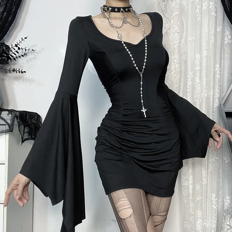 Adult Female Halloween Day of The Dead Cosplay Costume Witch Gothic Style Black Sexy Flared Sleeve Dress Theme Party Outfit - Image 2
