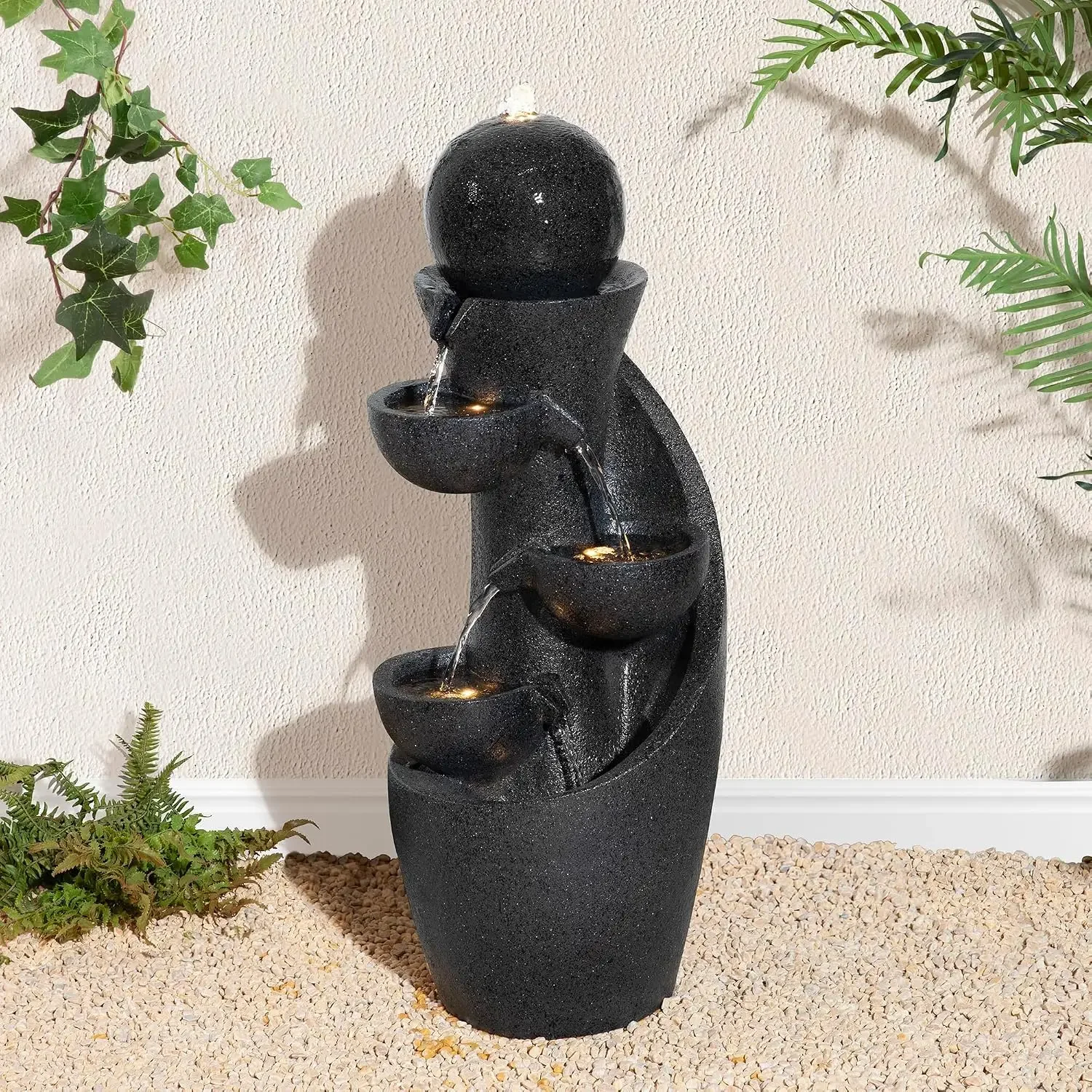 Outdoor Water Fountain with LED Light & Pump, Modern 5-Tier Bowl and Sphere Polyresin Outdoor Fountain, 33.5