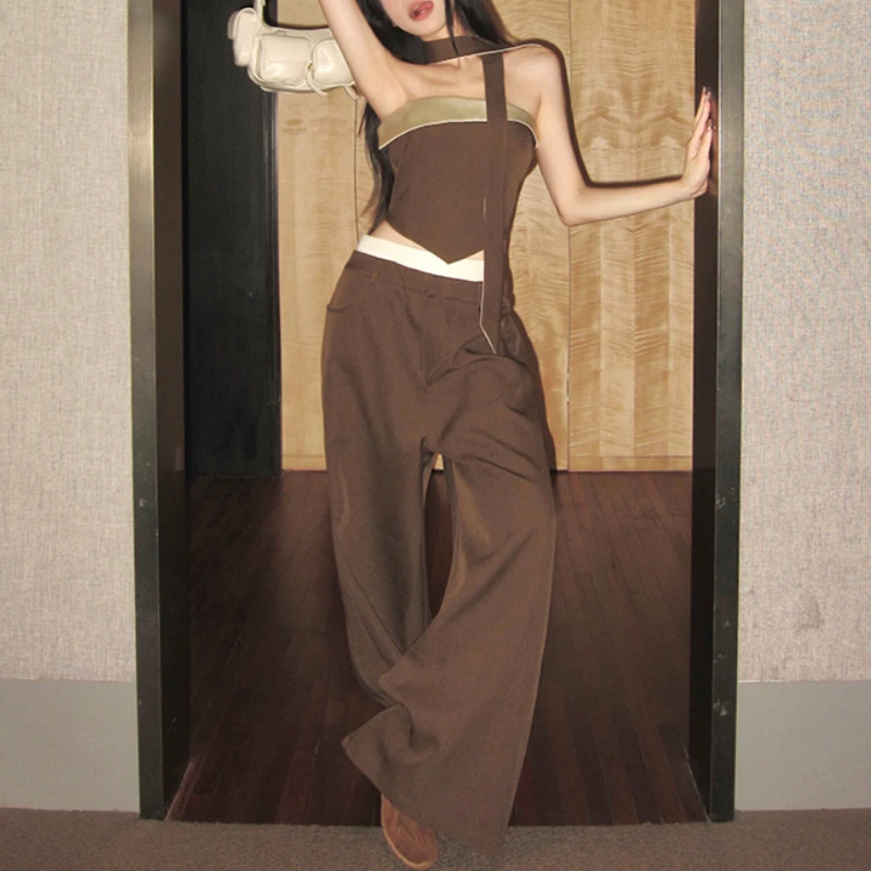 Vintage Korean Retro High Street Contrast Irregular Strapless Vest  + Wide Leg Pants Suit 2 Pieces Sets Y2k Suit