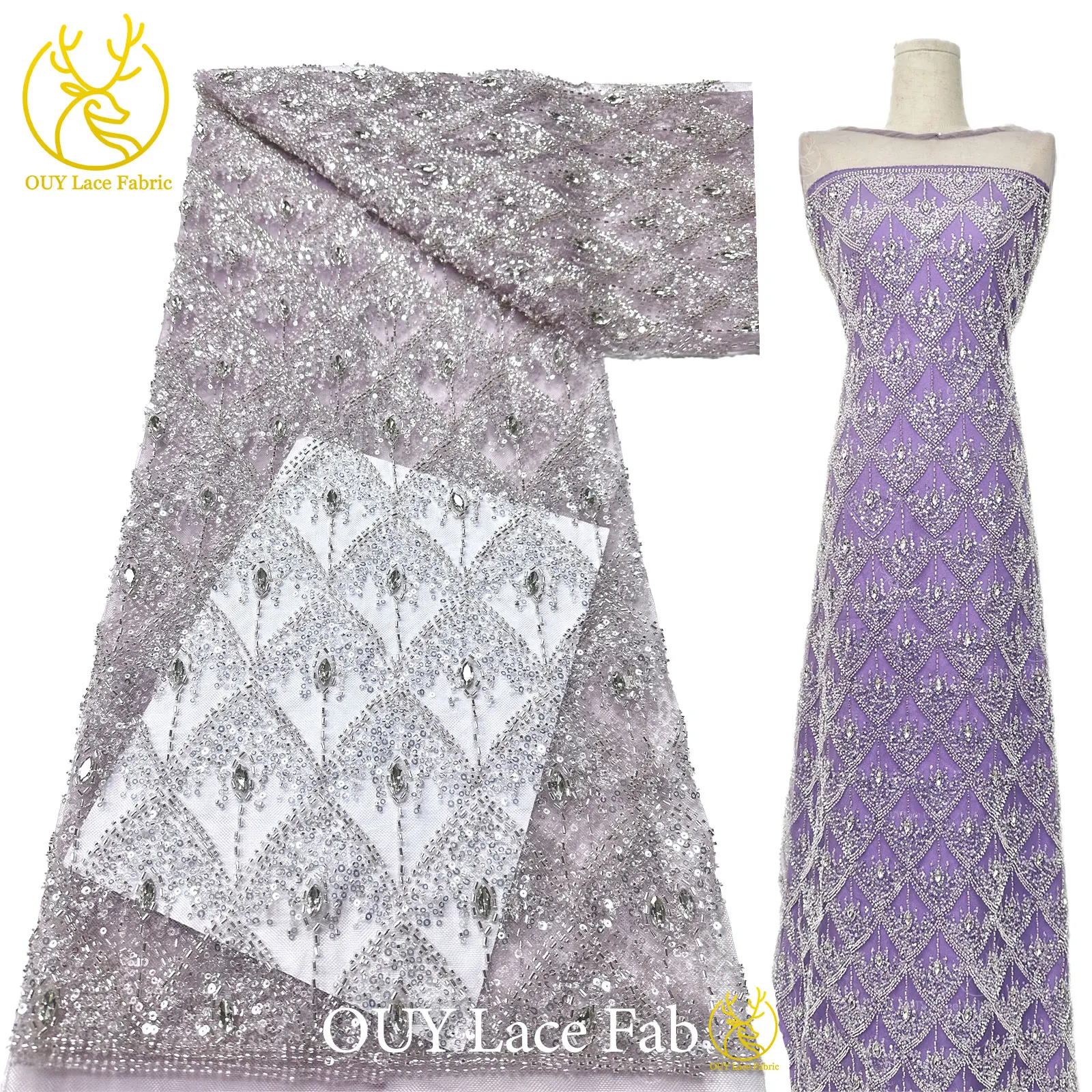

2026 French Beaded Stone Lace Fabric 5 Yards High-end Luxury African Sequin Lace Fabric Ladies Wedding Evening Dress Party