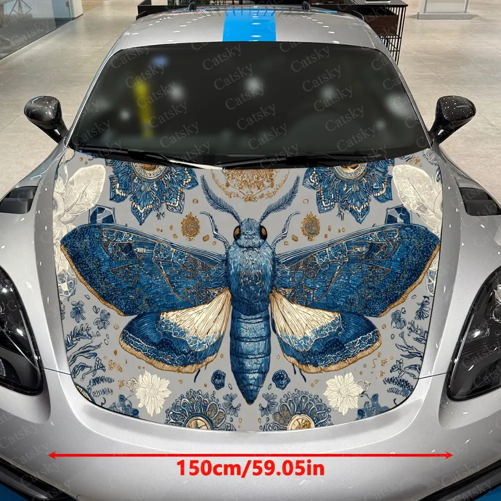 Car Decal Blue Moth with Vintage Pattern Textural Artistic Fusion Design Car Hood Sticker, Waterproof Self - Adhesive PVC Graphi