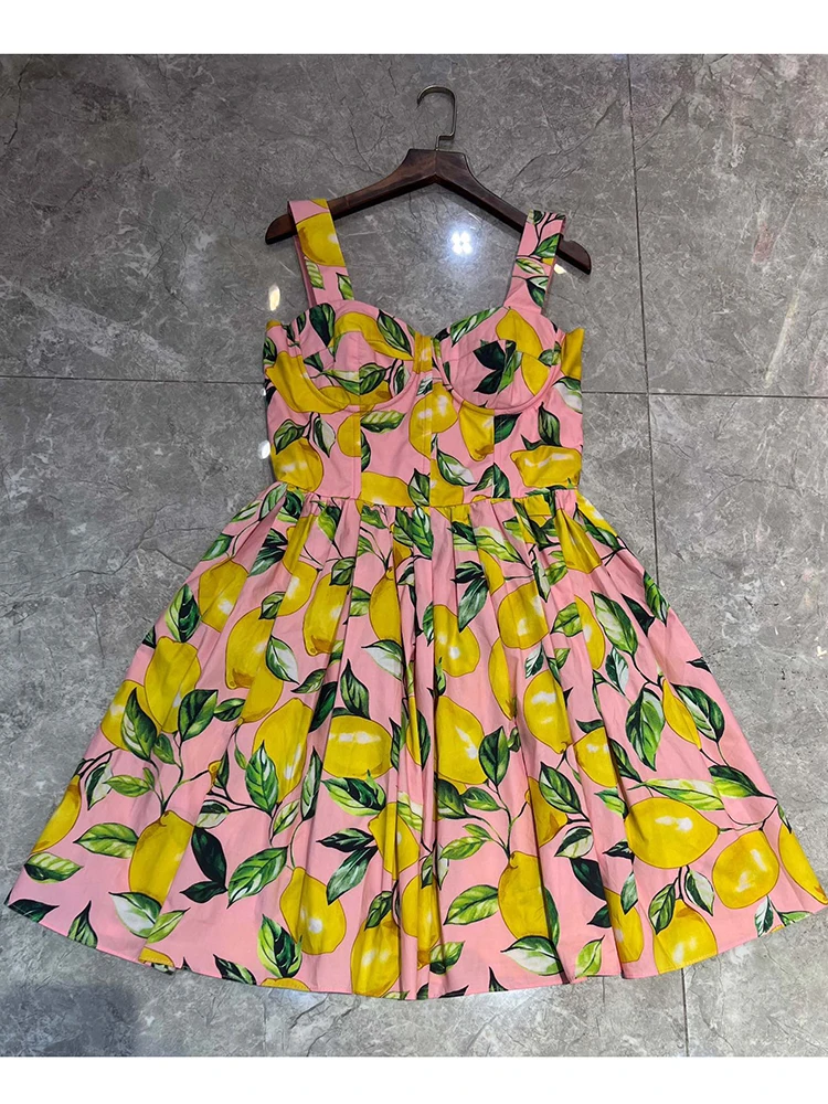 100% Cotton Women Dress Summer Beach Holiday Spaghetti Strap Lemon Printing Mini Vestidos High Street Princess