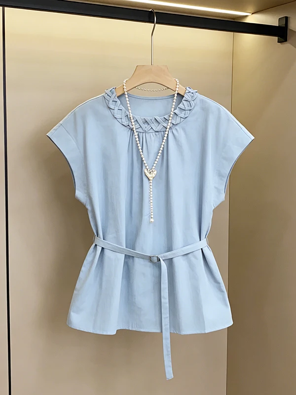 

Elegant Large Size T-Shirt Shirt Women's Summer New Style Age Reduction Versatile Choker Lace Collar Breathable Skin-friendly