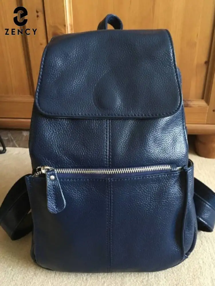 Zency Fashion Dark Blue Women 100% Genuine Leather Fall Winter Backpack Knapsack Large Capacity Green Beige Pink Red Leather Bag