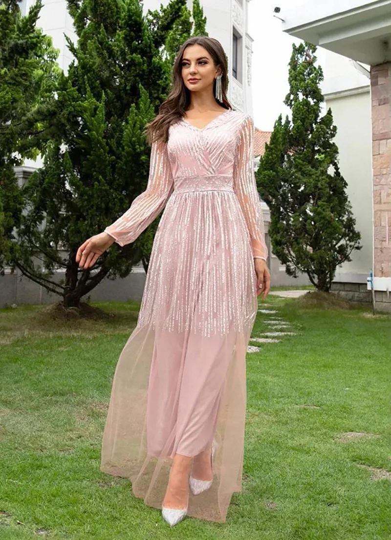 

2023 Autumn new arrival fashion sexy net yarn sequins elegant gown long sleeved ladies temperament slim fit maxi evening dress