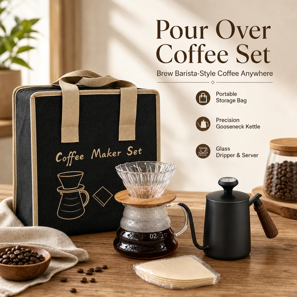 Portable Pour Over Coffee Maker Set, Gooseneck Kettle w/Thermometer, Glass Dripper & Server, for Outdoor, Office & Home