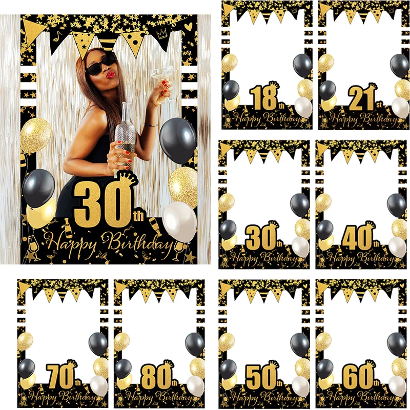 30th 40th 50th 60th Birthday Photo Frame Photo Booth Props black gold Adult 18 21 30 40 50 Years Old Birthday Party Decoration