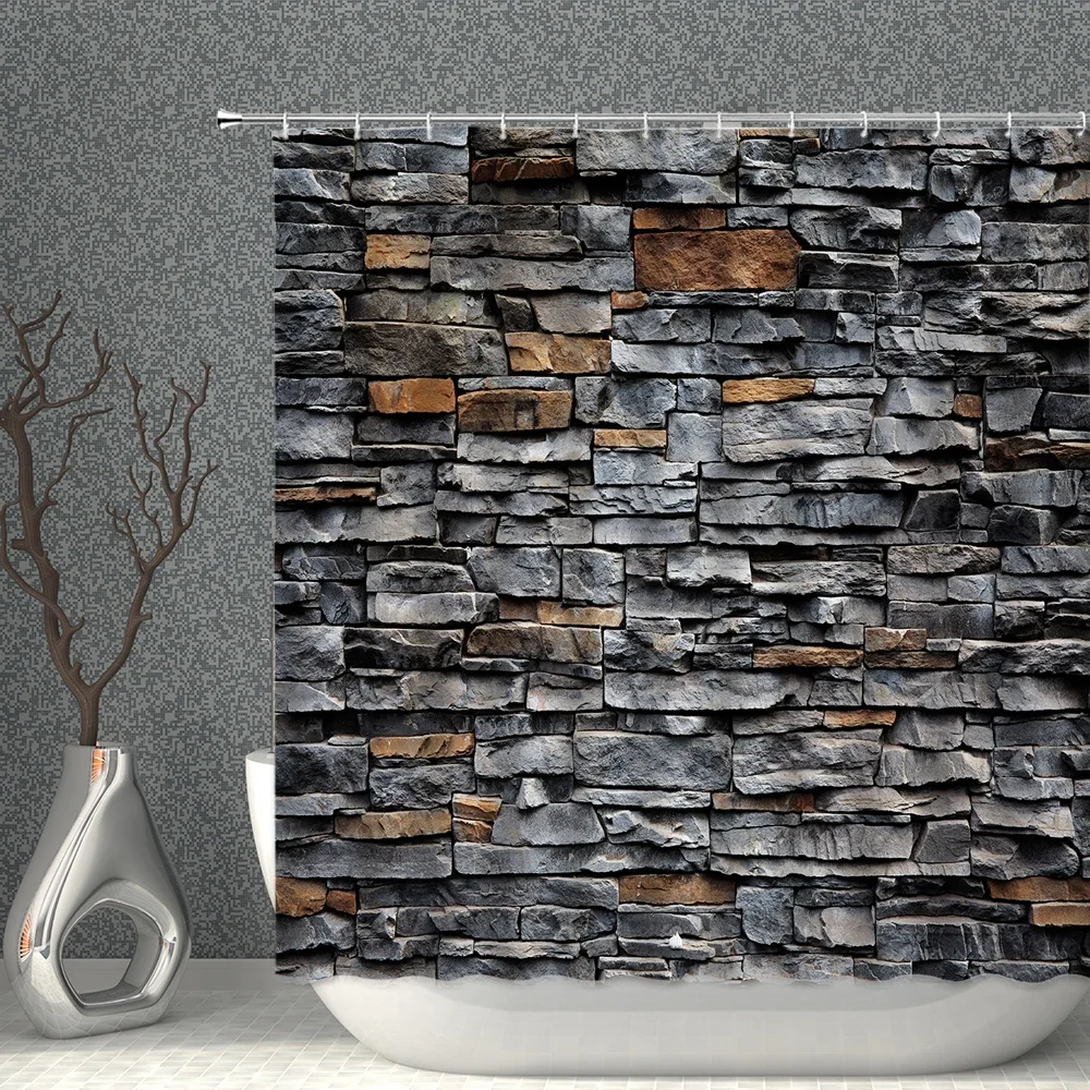 Stone Brick Shower Curtain Polyester Printed Home Decor Rustic Wall Theme Interior Design Textured Style