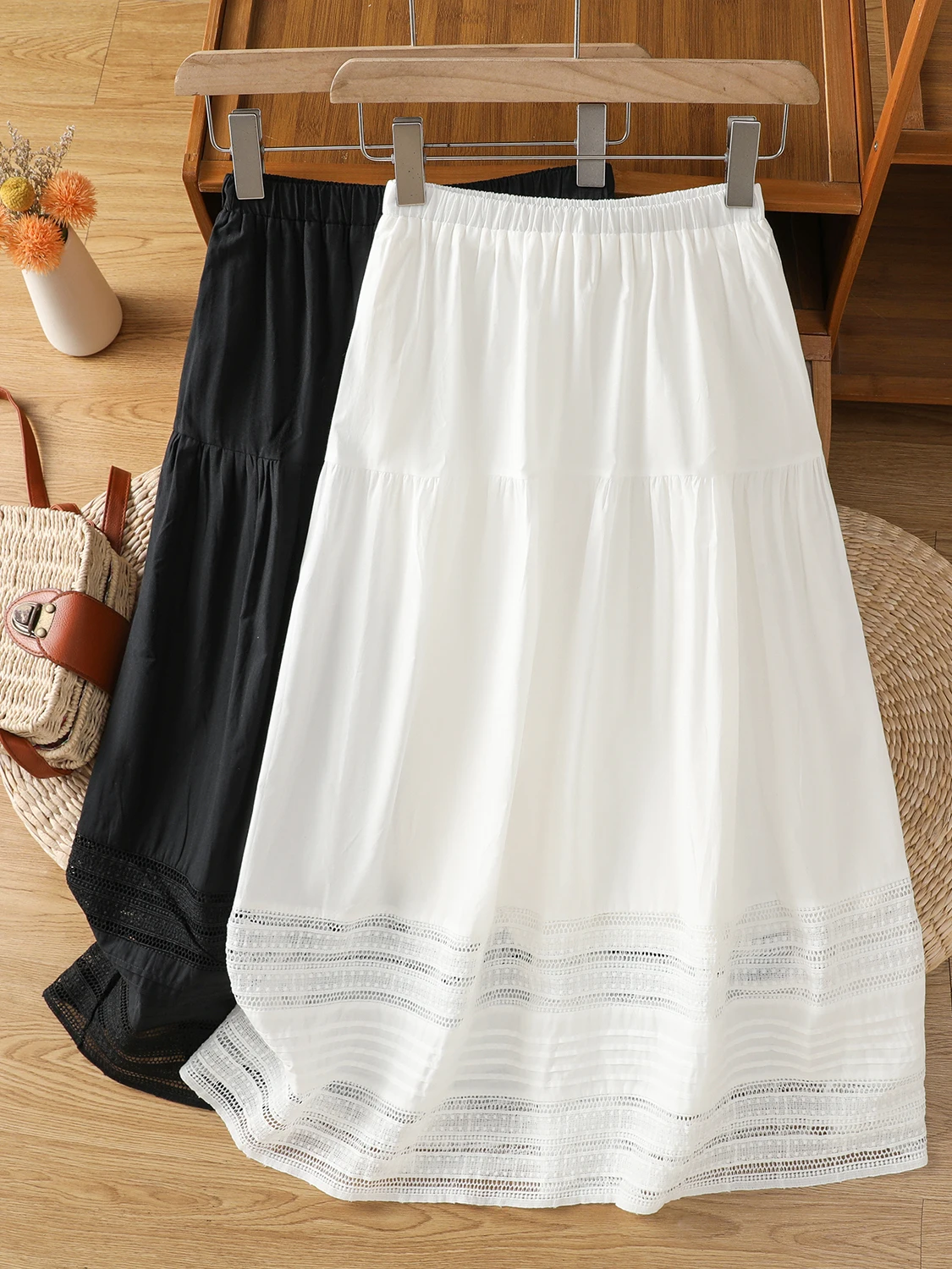 

White Lace Trim Splice Casual Women's Skirt Mid-Calf High Waist Hollow out A-Line Summer Beautiful Dr Cotton Blend