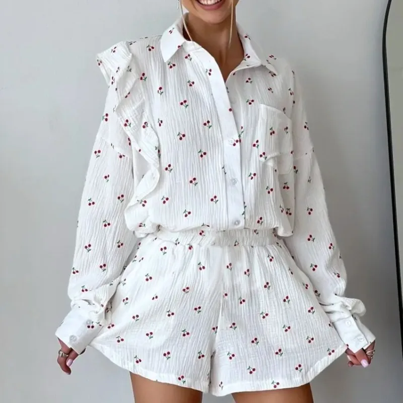 Women's Spring Autumn Cotton Printed Cardigan Ruffle Edges Comfortable Long Sleeved Loungewear Set Outdoor Pajama Floral L Size