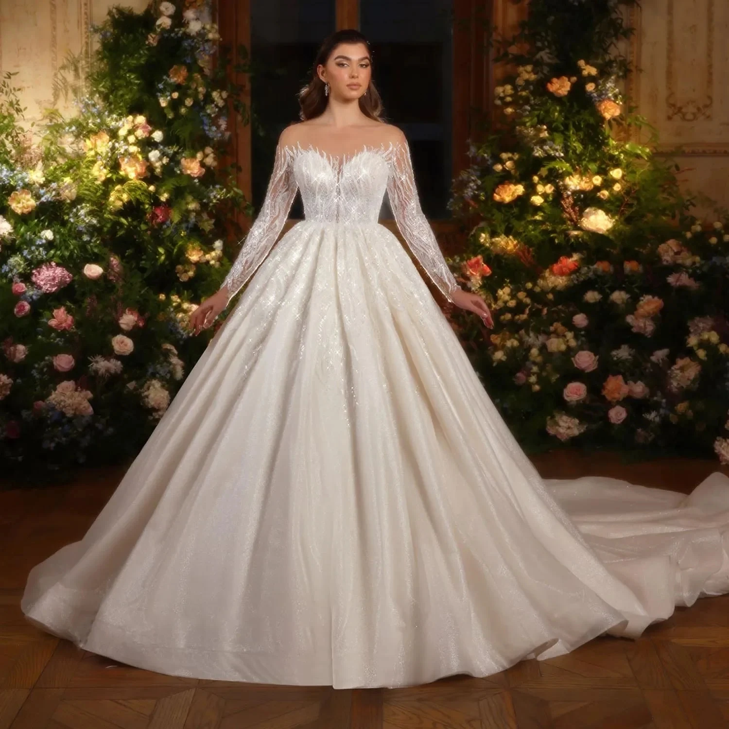 

Luxury Beaded Sequined Wedding Dresses Sheer O-neck Long Illusion Sleeves Bride Dress Bridal Gowns Dubai Vestido De Noiva