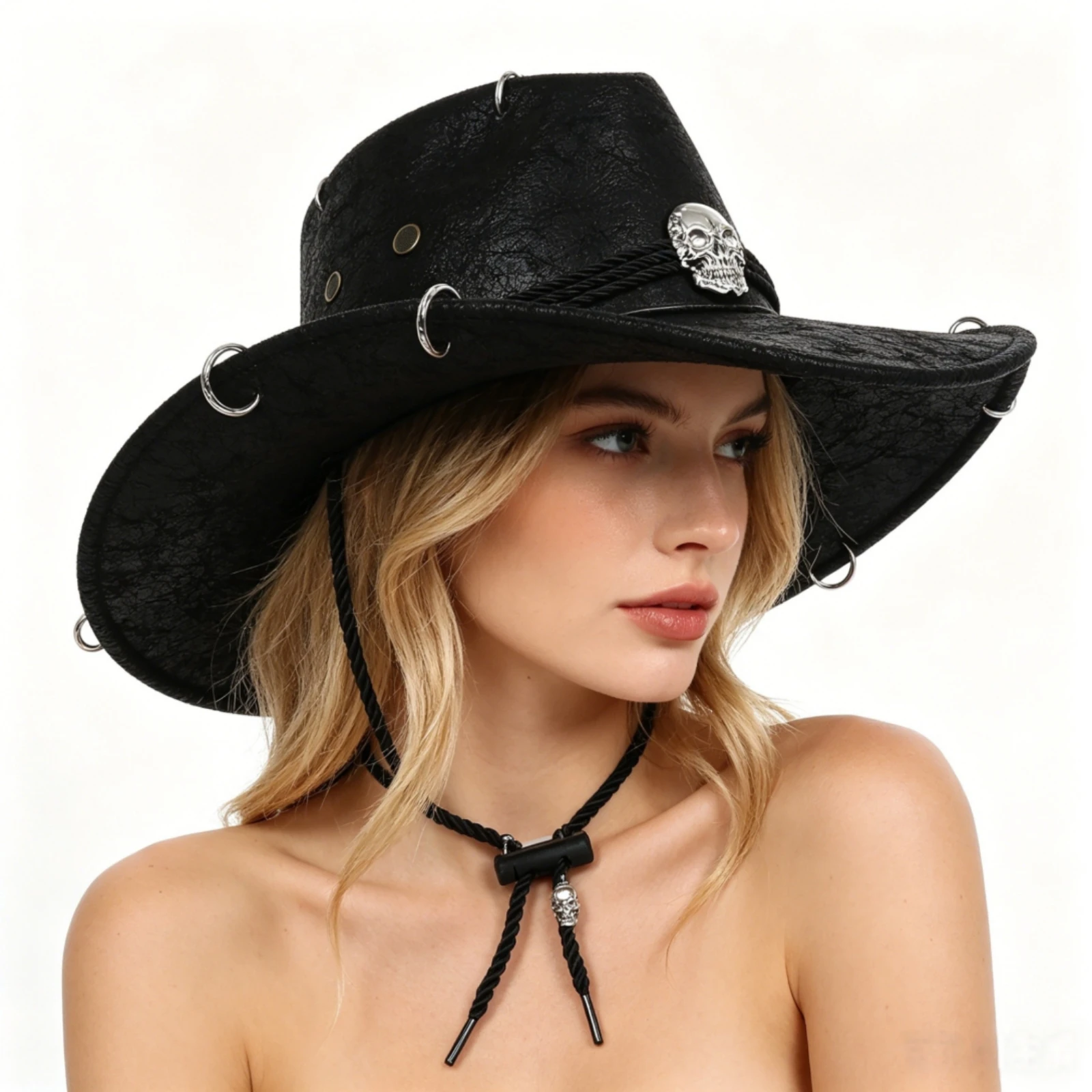 Cowboy Hat with Skull Ornament Retro Cowboy Hat with Chin Strap Long-Lasting Stylish for Adults, Costume Parties, Festivals
