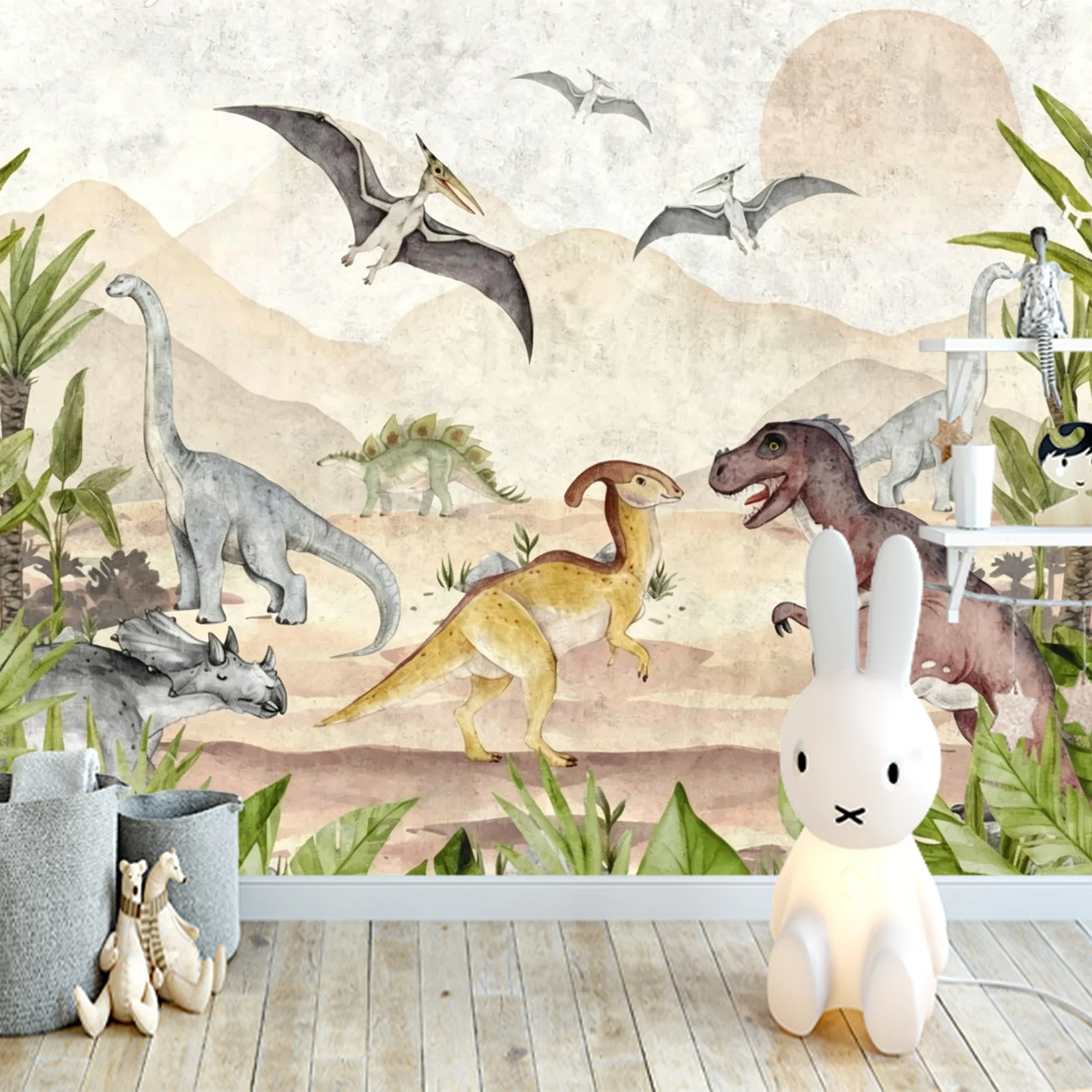 Custom Mural Wallpaper Kids Dinosaur Peel And Stick Wall T‑Rex Pterosaur Palm Tree Jungle For Boys Nursery Bedroom Home Decor