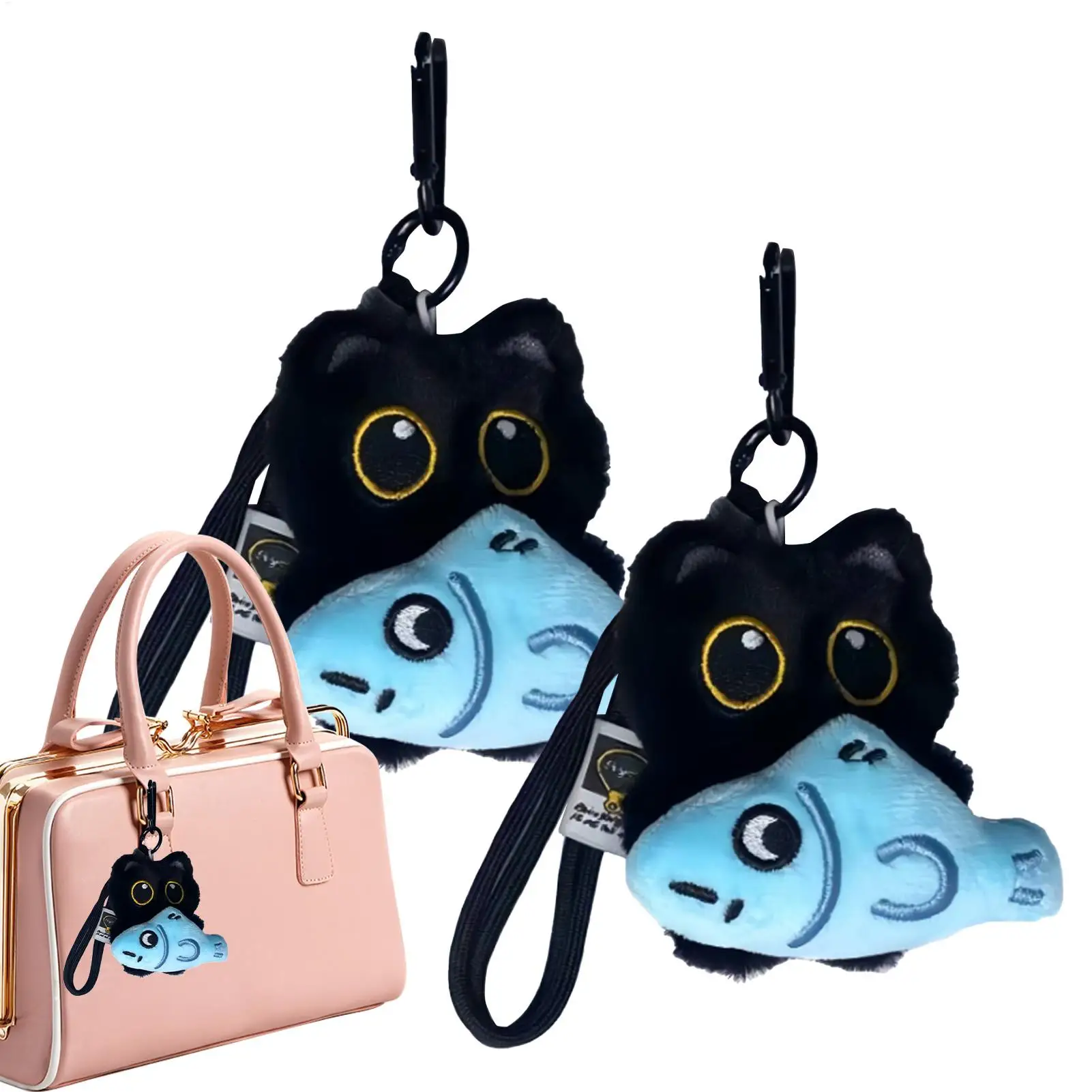 Porte-clés chat mignon, breloque de dessin animé, ornement 3D, pendentif tenant du poisson, mignon en peluche, pour adolescentes, femmes, enfants, sacs à main, sacs à dos