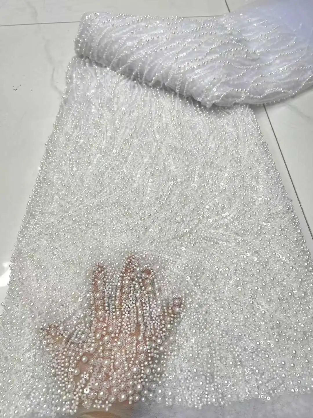 2025 Newest African Nigeria High Quality Sequins Tulle Lace Fabric For Wedding Party Dress Heavy Beaded Embroidery Lace 5 Yards