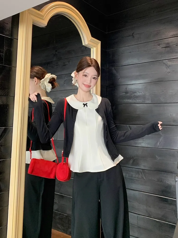 

Корейский осенний комплект OOTD для женщин: тонкий кардиган с воротником «бэби-долл» и длинными рукавами, длинные брюки, модный ансамбль