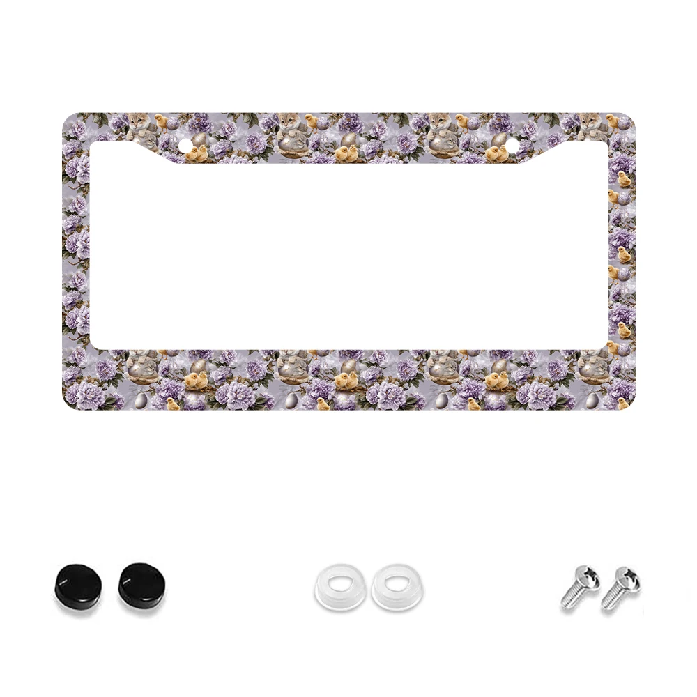 

1pc Purple Floral and Kitten Pattern 2-Hole License Plate Frame, Aluminum Material, 6x12 Inches with Screw Kit, Retro, Cute, Ca