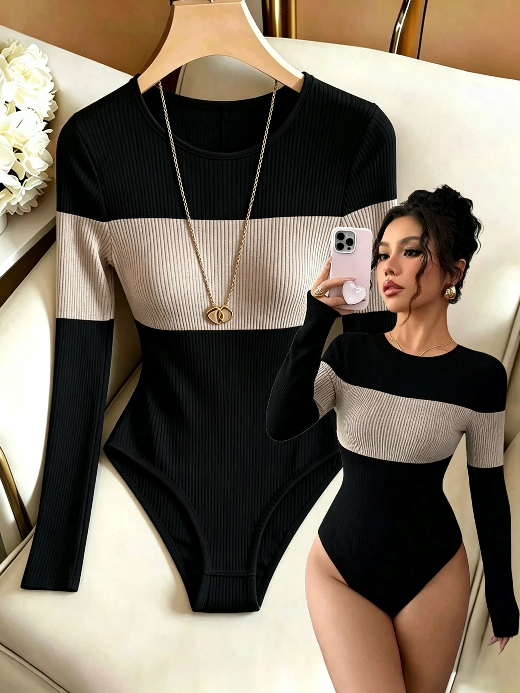 Women's Casual Fashion Splice round Neck Slim Fit Top Tight Body round Neck Design for Stylish Comfort