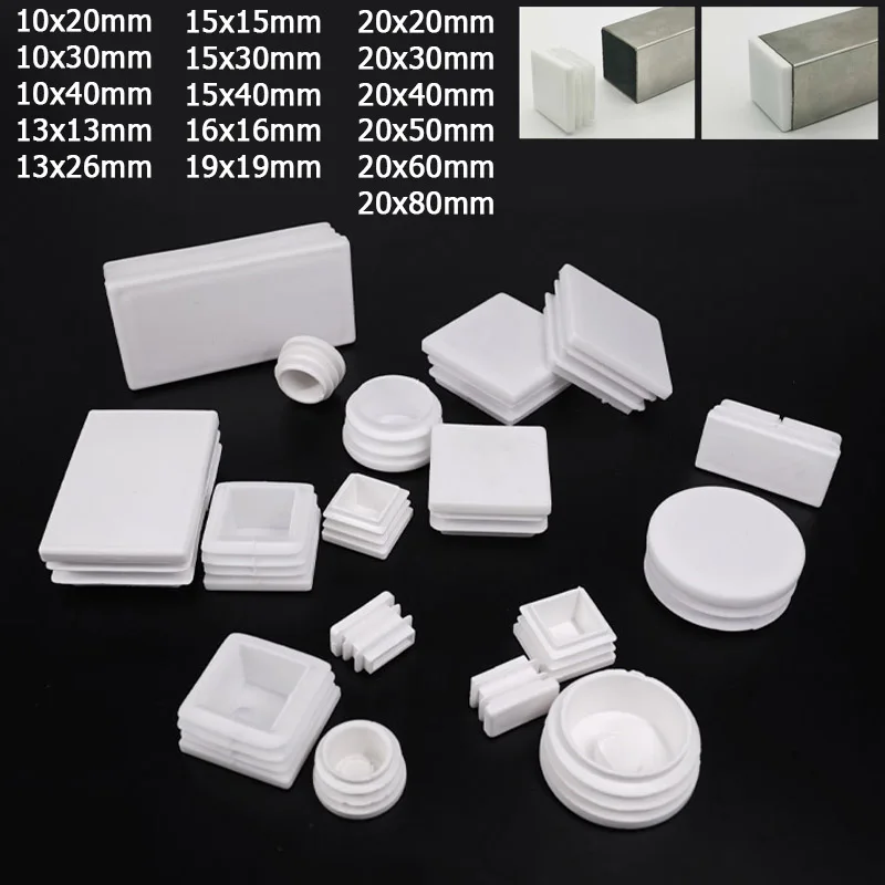 1-10pcs White Square Pipe Tube Cap Plastic Tubing End Cap Glide Insert Blanking End Plug 10/13/15/16/19/20/26/30/40/50/60/80mm