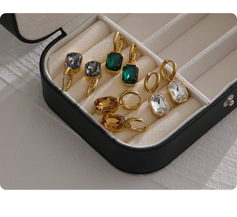 Yhpup Edelstahl-Ohrringe mit kubischem Zirkonia, trendige Ohrringe, 18 Karat vergoldet, grüner quadratischer geometrischer Ohrring-Schmuck – Detail 11