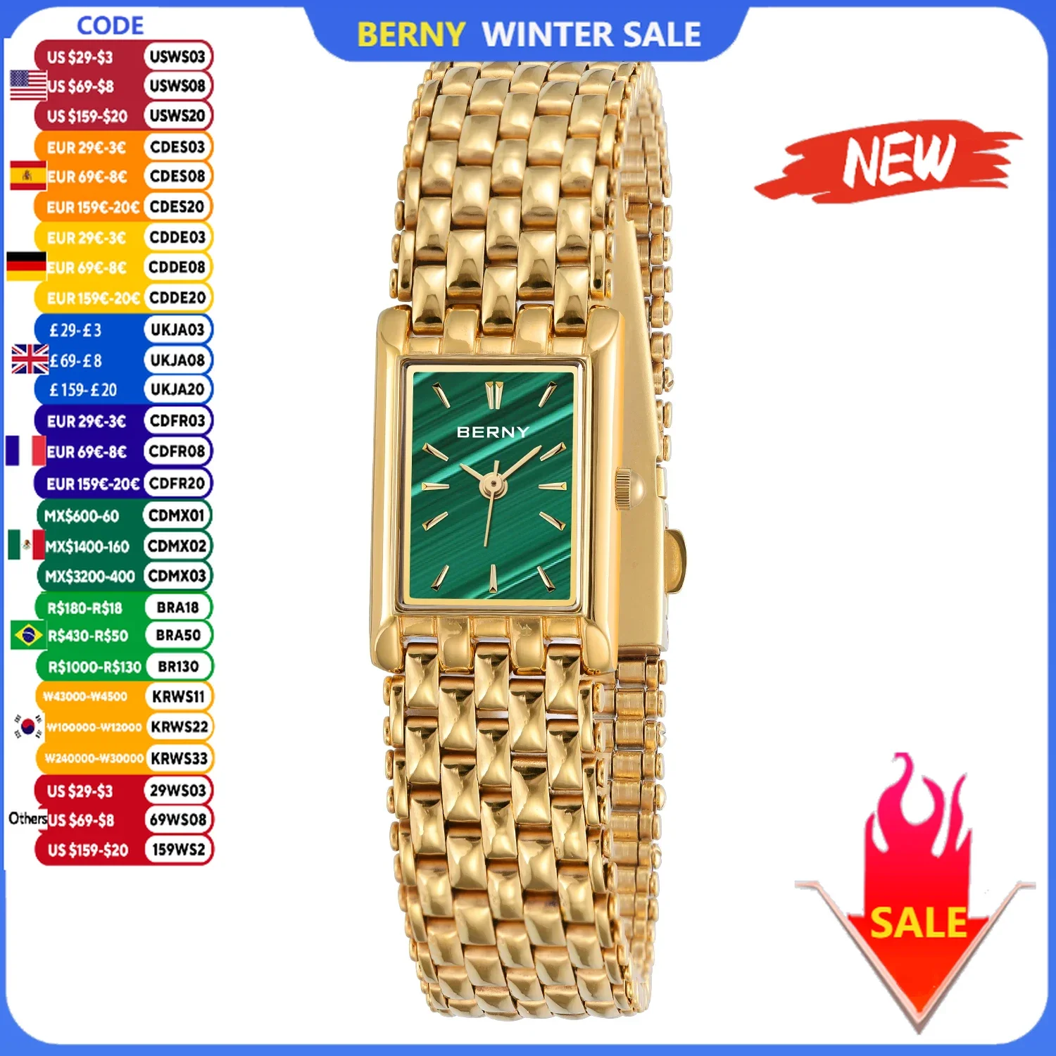 

BERNY Golden Women Wristwatch Luxury Women Watch Square Golden Female Clock Quartz Stainless Steel Fashion Ladies Gold Watch