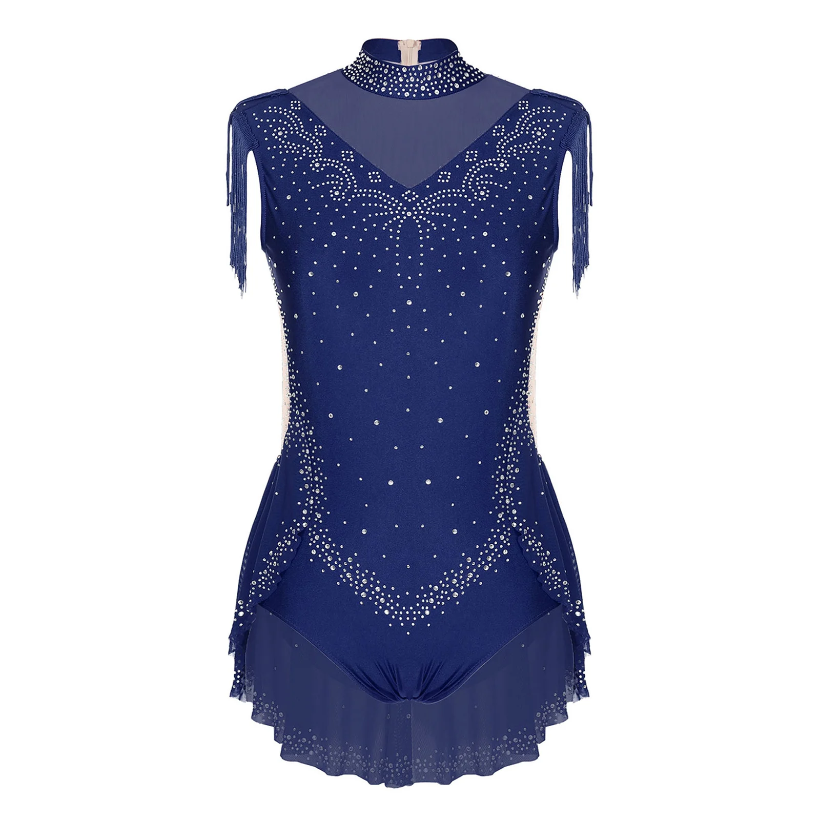 

Girls Figure Skating Latin Leotard Dresses Dance Ballet Gymnastics Leotards Sleeveless Rhinestones Mesh Tassel Skirted Bodysuits