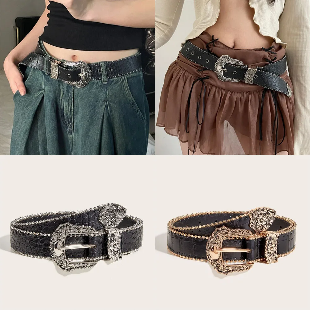 Casual retro PU lederen riem Veelzijdige luxe westerse cowboyriem met metalen gegraveerde gesp Jeansriem Unisex