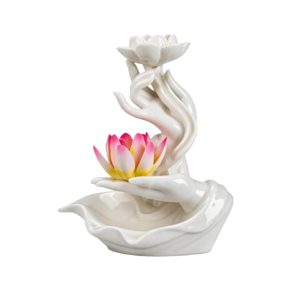 Ceramic Backflow Incense Burner Buddha Hand Shape Lotus Flower Incense Stick Holder Zen Ash Catcher Reflux Incense Burn Tray