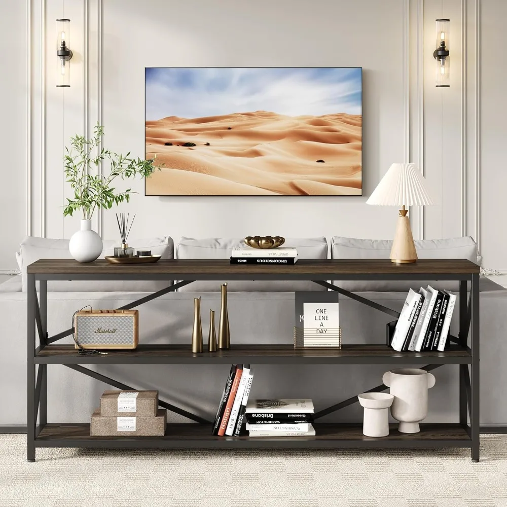 طاولة أريكة وحدة التحكم الصناعية، طاولة مدخل طويلة جدًا مقاس 70.8 بوصة مع رف تخزين خشبي من 3 طبقات لغرفة المعيشة