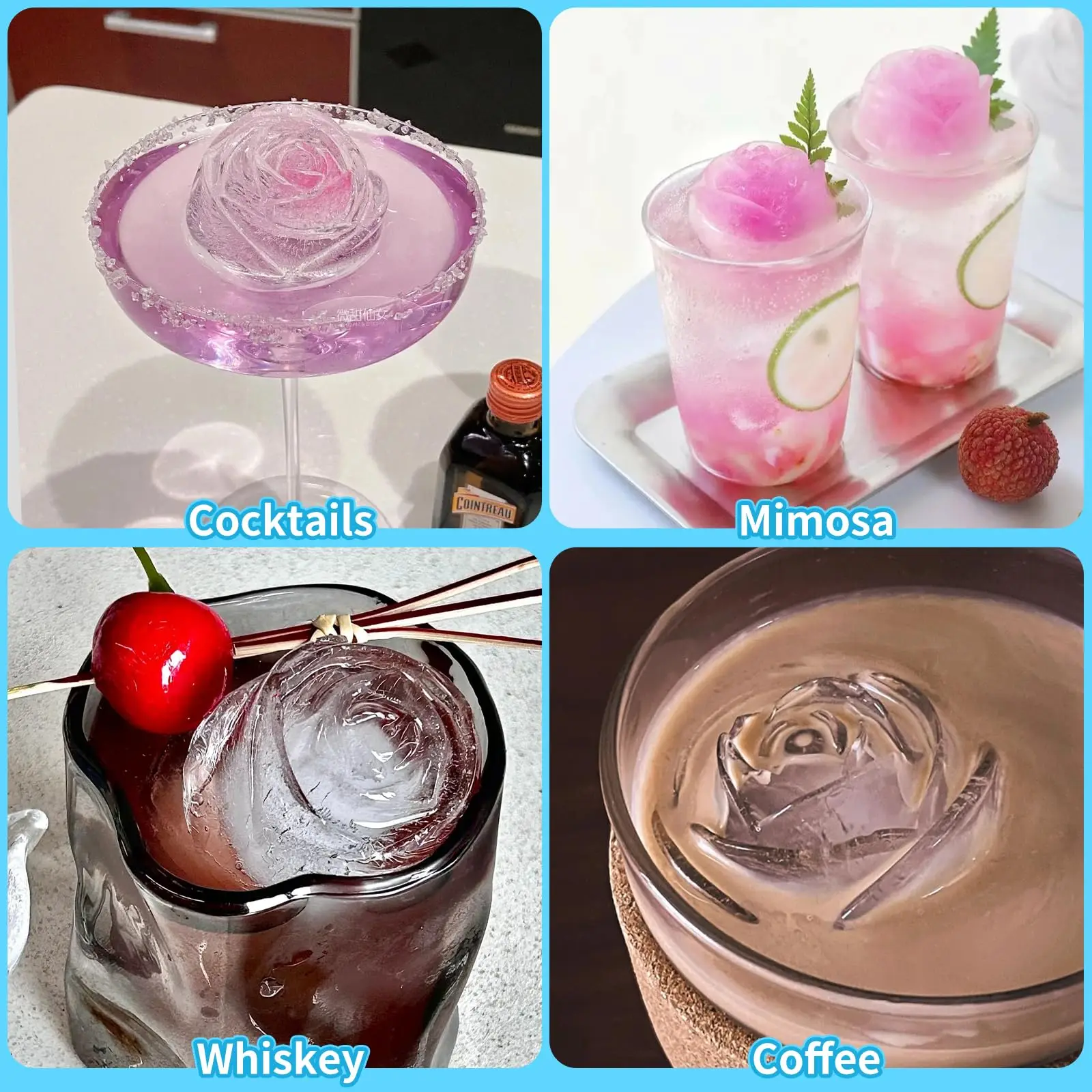 3D Rose Silicone Ice Molds 4-Hole Ice Cube Tray Flower Shape Ice Ball Maker Kitchen Bar Utensils Accessory view 5