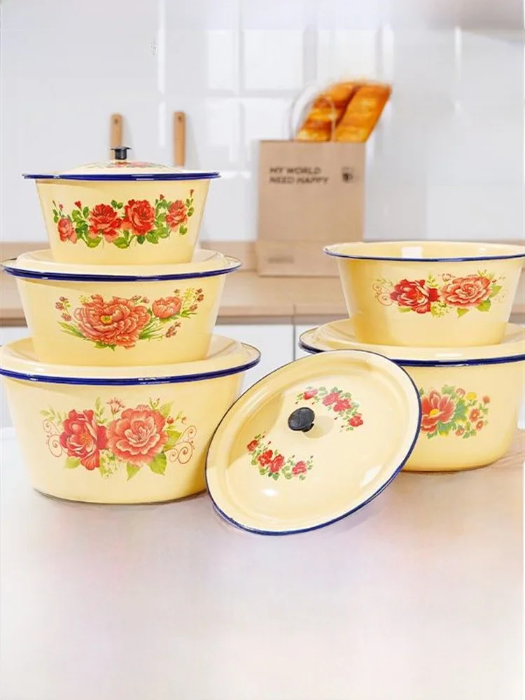 

Retro Sle Enamel Bowl with Lid Heat Resistant Soup Bowl Pork Fat Bowl Traditional Chinese Design round ape Kitchenware