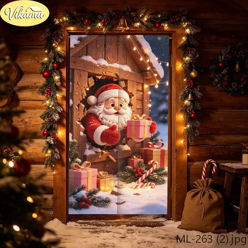 VIKAMA Fun Winter Christmas Door Hanging Curtain Cartoon Santa Half Door Curtain Fabric Privacy Screen Festive Home Decor