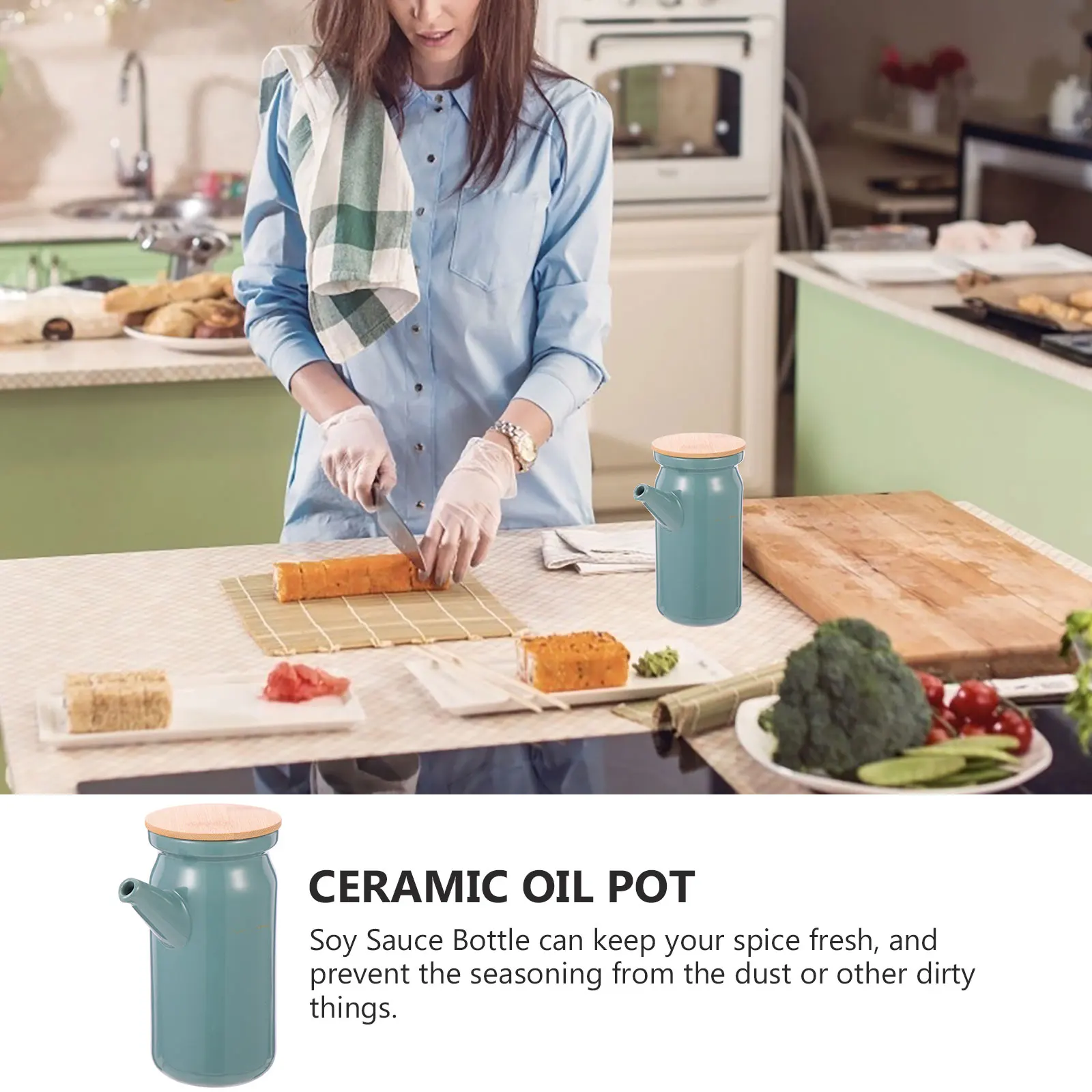 

Ceramic Soy Sauce Bottle Japanese Style Oil Dispenser Kitchen Condiment Container Wood Lid Elegant Design Keeps Spices Fresh