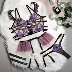 Sweet Embroidered Flower Gather Bra and Panty Set Women's Cute Metal Hanging Chain Exotic Apparel Suit Underwear Four Piece Set