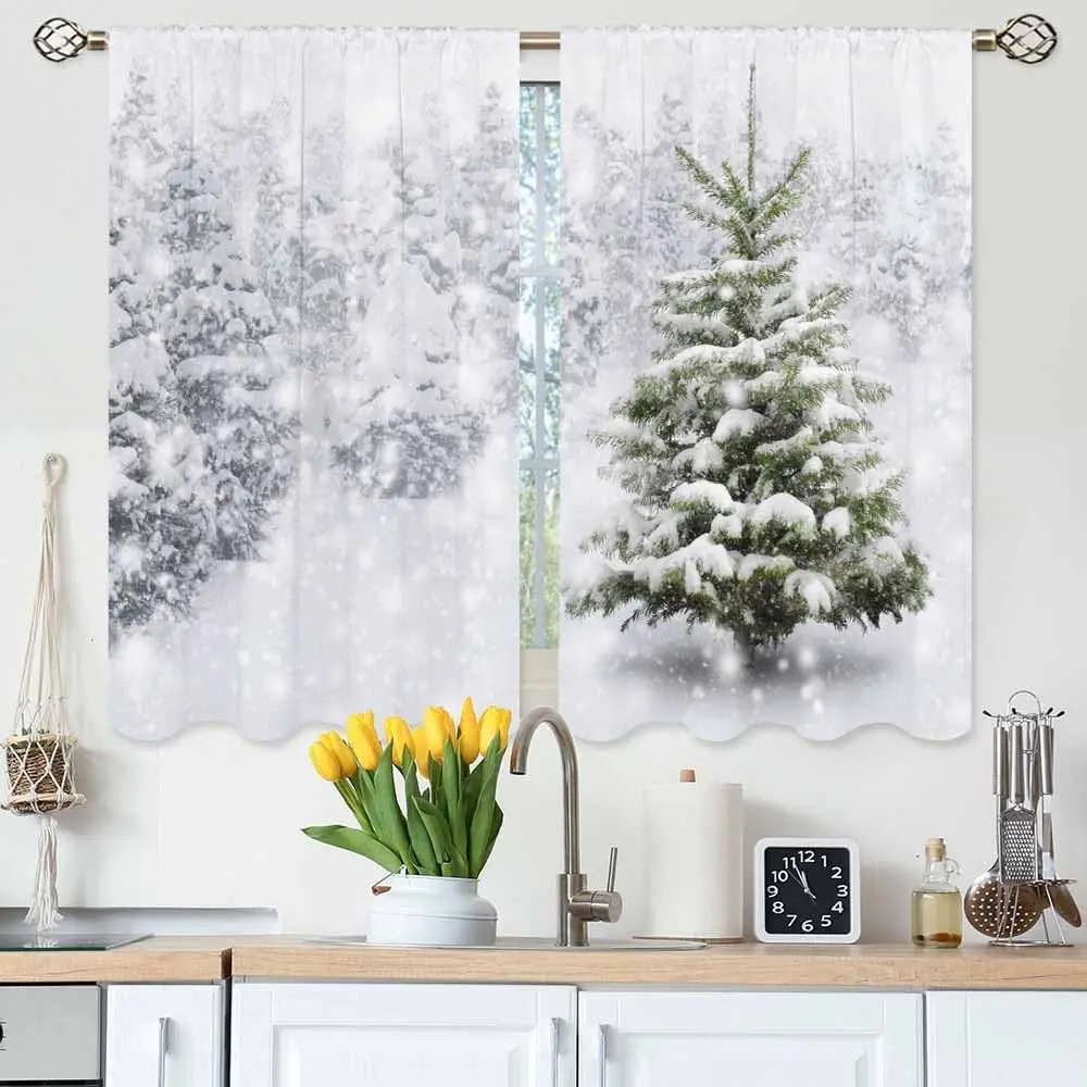 Snow Tree Kitchen Curtains Fir Thick Snow Winter Snowflake Snowfall Short Tier Curtains for Bathroom Cafe Small Window Drapes