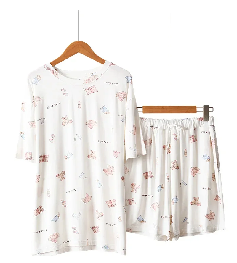 Kuzuwata Japanese Thin Modal Pajamas Women 2024 Spring Summer New Loose Short Sleeve Shorts Set Cute Little Bear Print Sleepwear