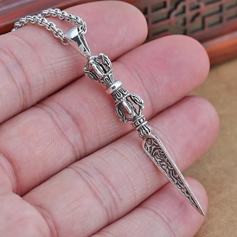 Ethnic Style Lines Vajrakila Pendant For Men Jewelry Blessing Vajra Pestle  Amulet Necklace Male Sweater Chain