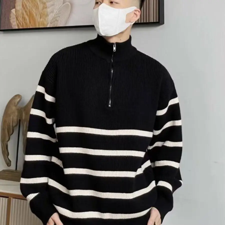 

Men's Knitted Zip-Up Ne Sweater Casual Stripe Pattern f High Zipper Design Autumn Winter Warm Polyester Fiber Top