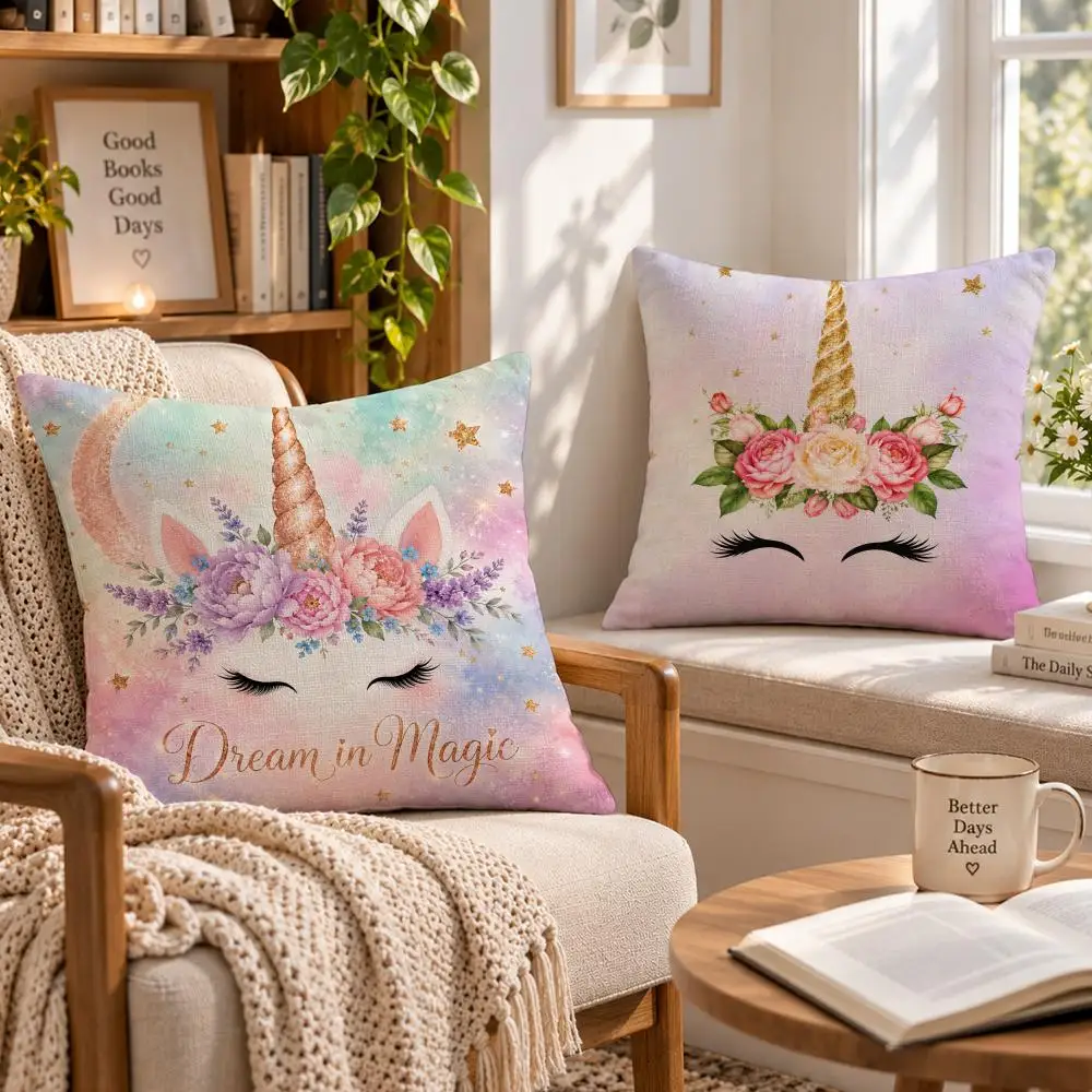 Art Cute T-Purple Unicorn Rainbow Sunrise Cushion Cover Soft Short Cover Washable Sofa Bed Dorm Garden Home Office Chair Decor