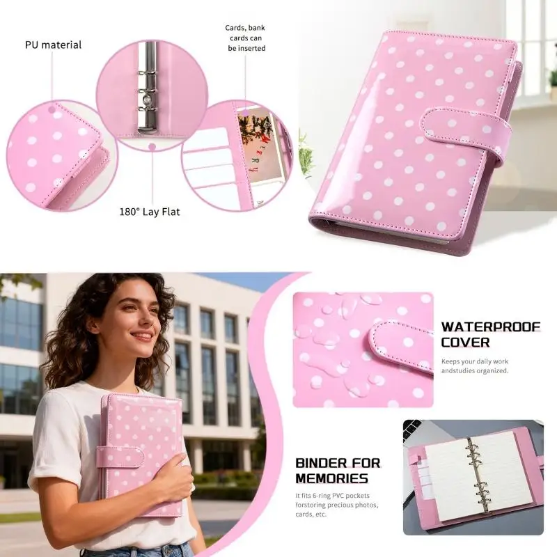 A6  Retro White Polka Dots With 45 Sheets Inner Page DIY PU Clip-on Notebook Loose Leaf Notebook